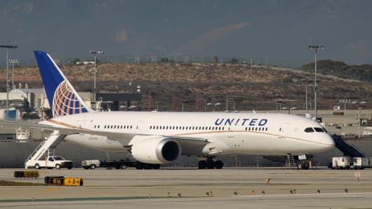 A grounded Boeing 787 Dreamliner jet operated by United Airlines.